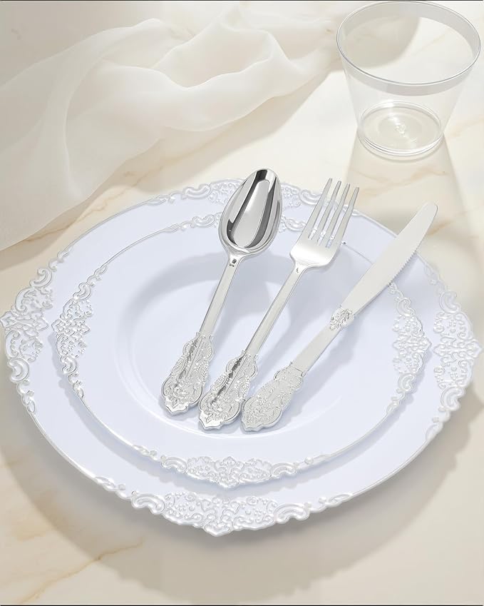 350 Piece Silver Plastic Dinnerware Set - Image 4