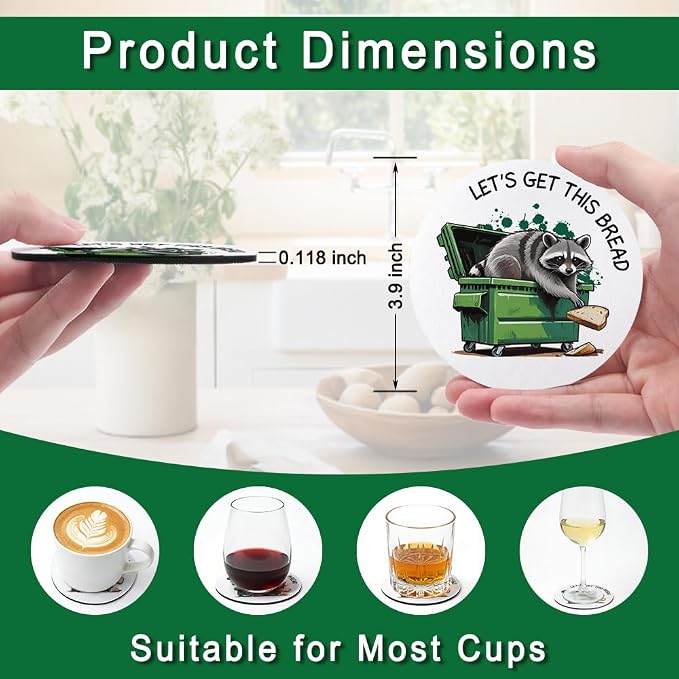Let’s Get This Bread Drink Cup Holder Coaster Set of 2, Funny Raccoon Dumpster - Image 2