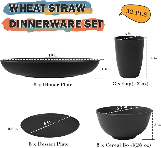 Wheat Straw Dinnerware Sets for 8, Reusable Dinnerware Set for Kitchen Outdoor - Image 2