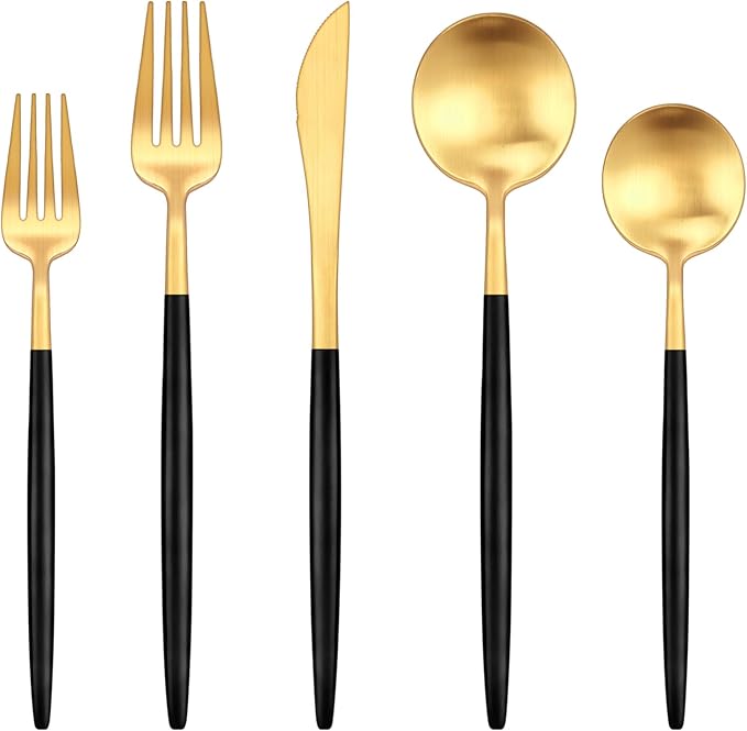 Silverware Set, Ollex 20 Pieces Black and Gold Flatware Set by OllexSilverwareSets