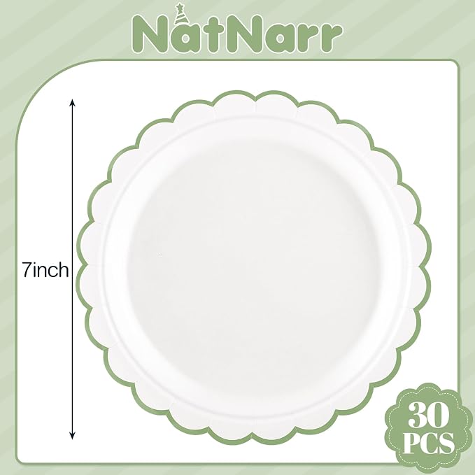 NatNarr 30 Pk Sage Green Plates 7" Scalloped Green White Dessert Cake Plate | - Image 2
