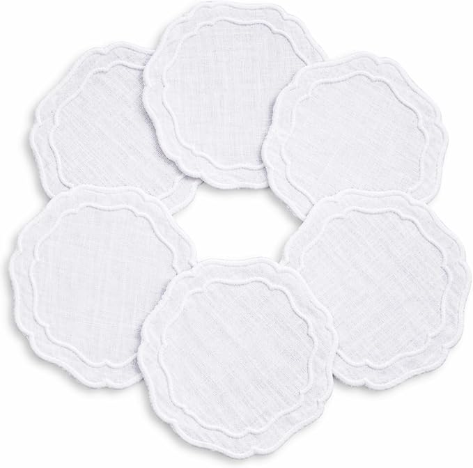 Linen Coasters for Drinks, 4.5 inch, Scalloped Edge, Reusable Handmade Coffee by EmbroideryLinenVN