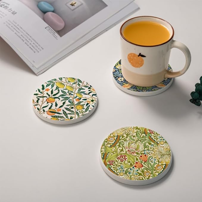 HUXJOKO Coasters for Drinks Set of 6, William Morris Floral Pattern Absorbent - Image 4