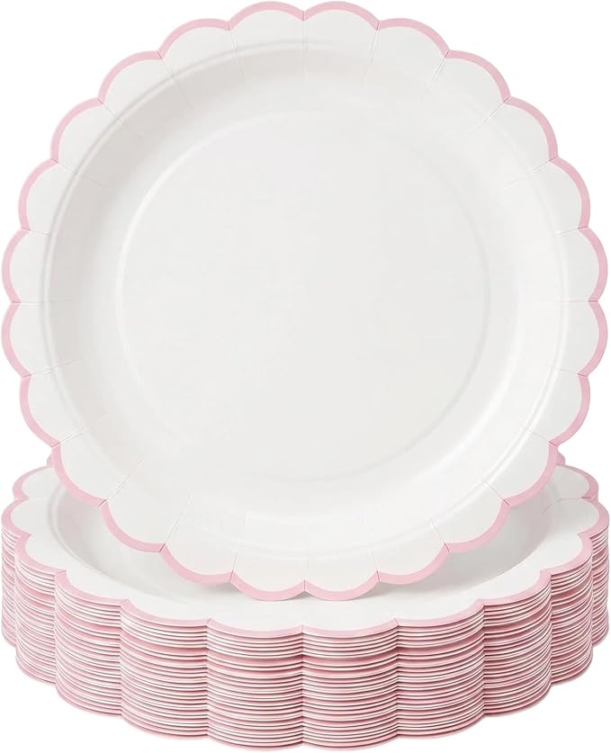 30 Pack Pink and White Paper Plates 7 Inch, Disposable Scalloped Plates Dinner by Unknown