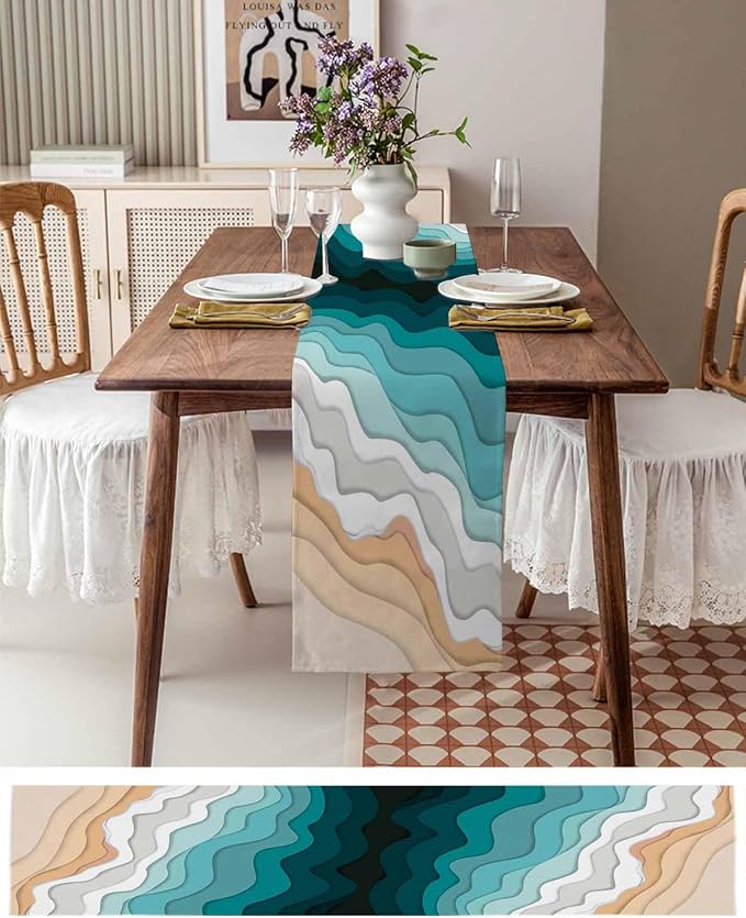 Turquoise Geometric Beach Table Runners 120 Inches Long, Cotton Linen Fabric - Image 6