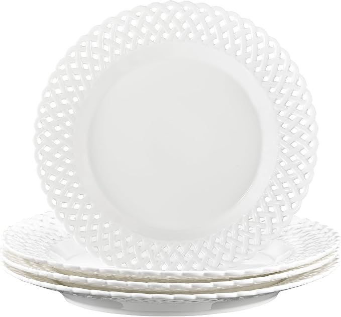 Large White Dinner Plates 12 inch, Ceramic Dinner Plates Set of 4, Basketweave by fMBB