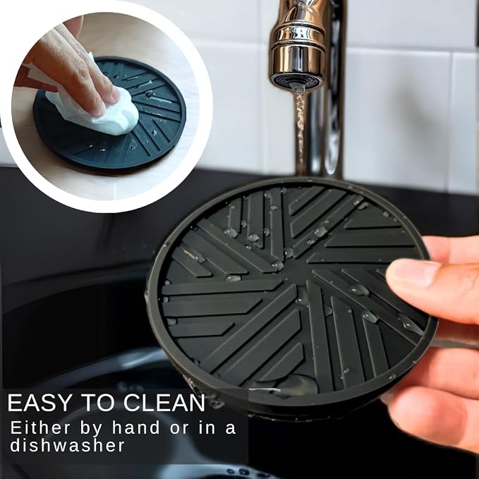 Black Coasters Set of 6 with Gold Holder, Silicone Coffee Mat Style Cup - Image 9