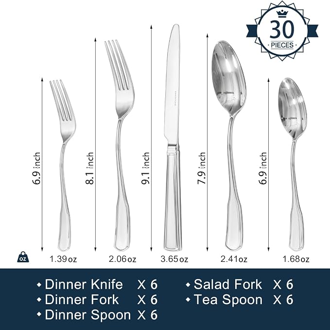 30 Piece Silverware Set for 6, 18/10 Stainless Steel | 18/10 Stainless Steel - Image 2