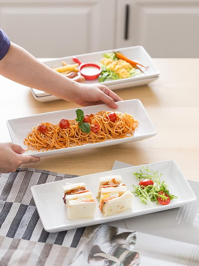 LAUCHUH Serving Platters for Party, 14-inch Porcelain Rectangle Plates | White - Image 7