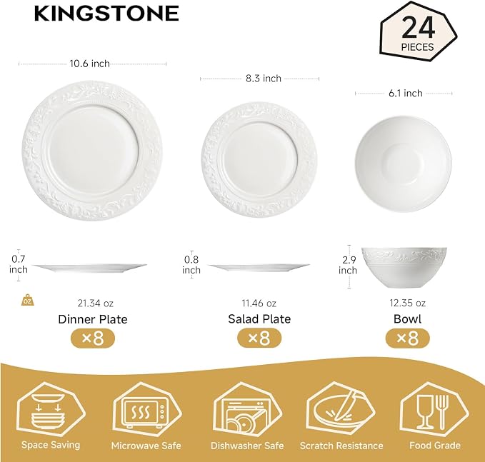 24Pcs Vintage Relief White Bone China Set, Service - Image 2