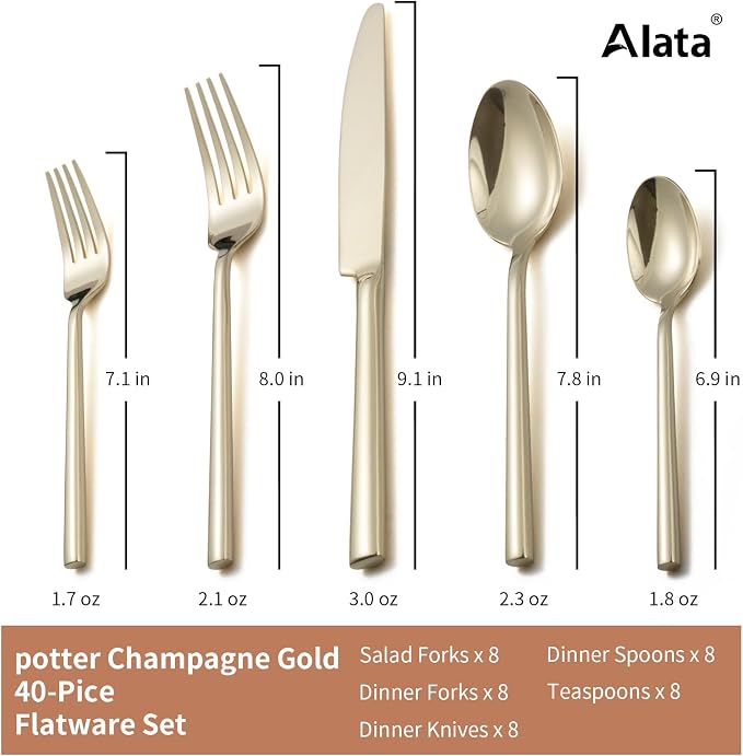 Alata Potter Champagne Gold 40-Piece Forged Silverware Set, Service - Image 4