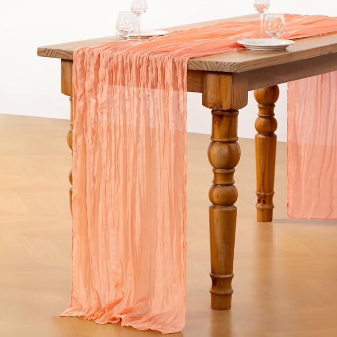 DeZerlor Peach Cheesecloth Table Runners 4 Pack Summer Boho Runners | 120Inches - Image 5