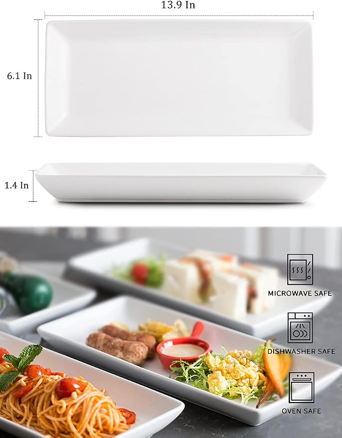 LAUCHUH Serving Platters for Party, 14-inch Porcelain Rectangle Plates | White - Image 2