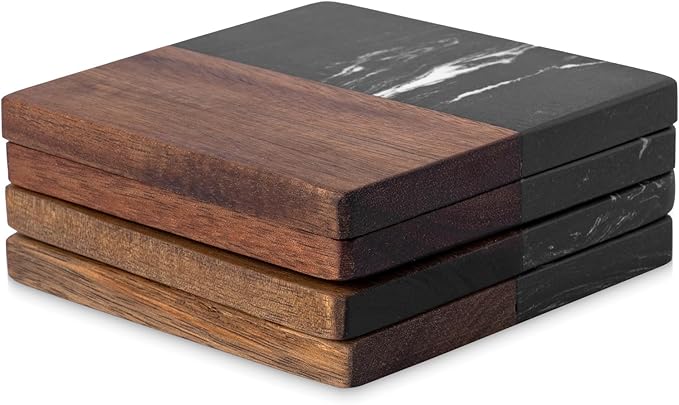 Marble Coasters: 4-Piece Set of Acacia Wood Marble Coasters, Suitable by Kitchenitemsforbeauty