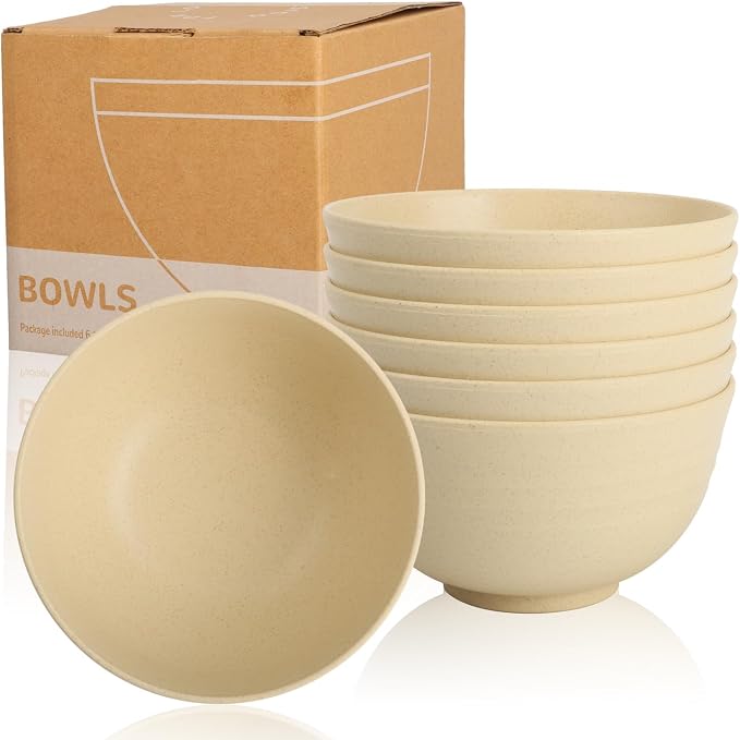 6-piece Wheat Straw Bowls sets 26oz, Alternative Plastic Bowls Reusable by WROVA