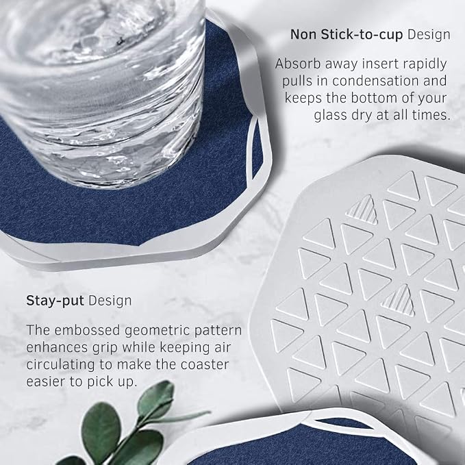 UMIRRO Absorbent Felt & Silicone Drink Coasters Set of 4, Nevy Blue | Leakproof - Image 5