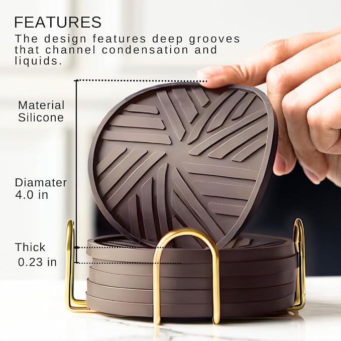 Silicone Coasters Set of 6, Groove Patterns & Gold Holder - Image 2