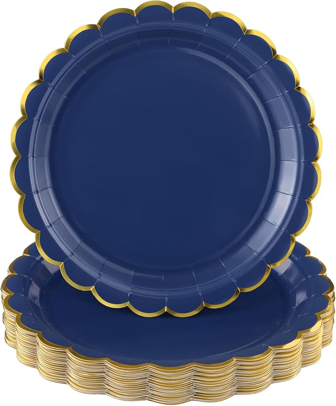 NatNarr 30 Pk Navy Blue Paper Plates 9" Scalloped Blue Gold Party Plates | Cute by NatNarr