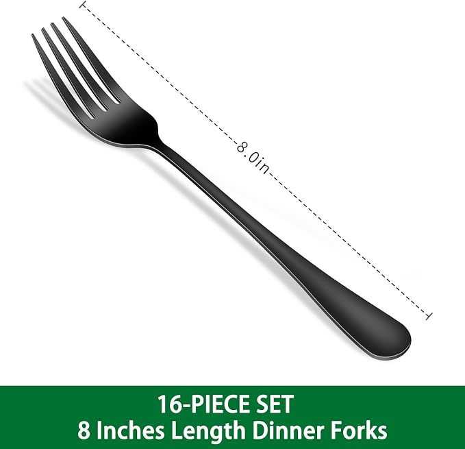 Black Dinner Forks, 16-Piece 8 Inch Stainless Steel Forks Set, Metal Silverware - Image 2