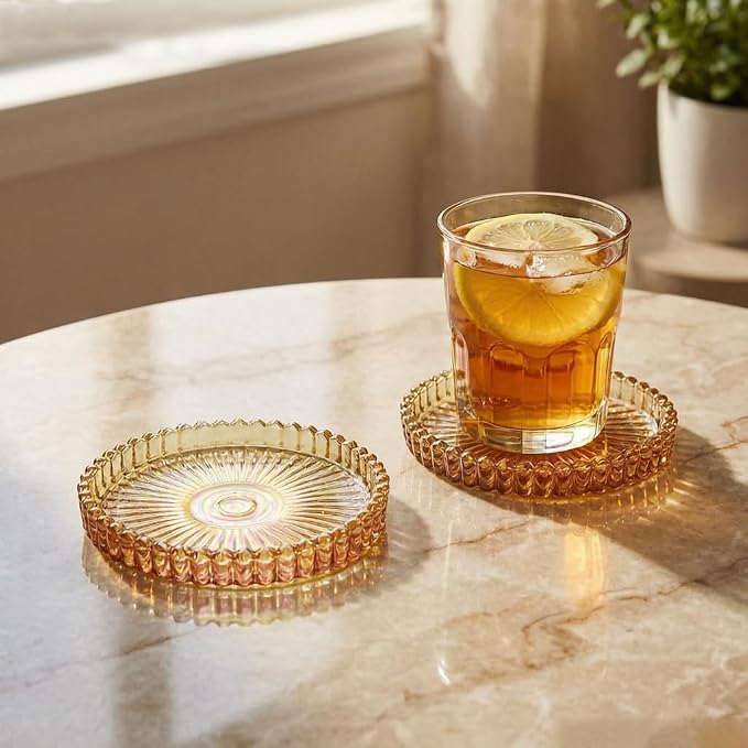 Modern Minimalist Amber Round Glass Coaster Set, 5 Pieces, Durable Glass - Image 4