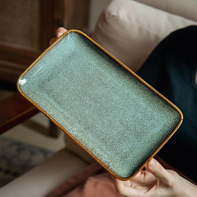Unique Glazed Green Ceramic Tray, 10 Inch Rectangular Serving Platter | - Image 7