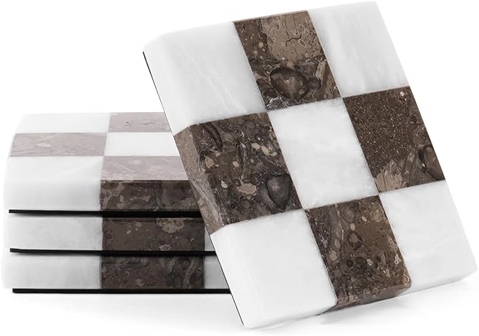 Marble Coasters Set of 4, Square Drink Checkered Coasters by Earthentones