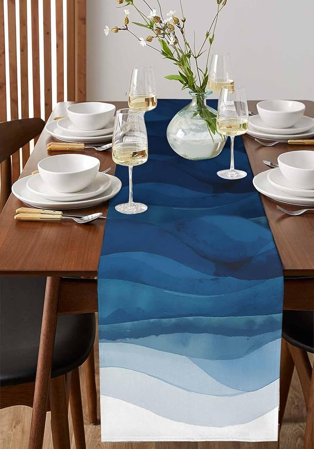 Navy Blue Ombre Table Runners 36 Inches Long, Abstract Modern Stripe Table - Image 2