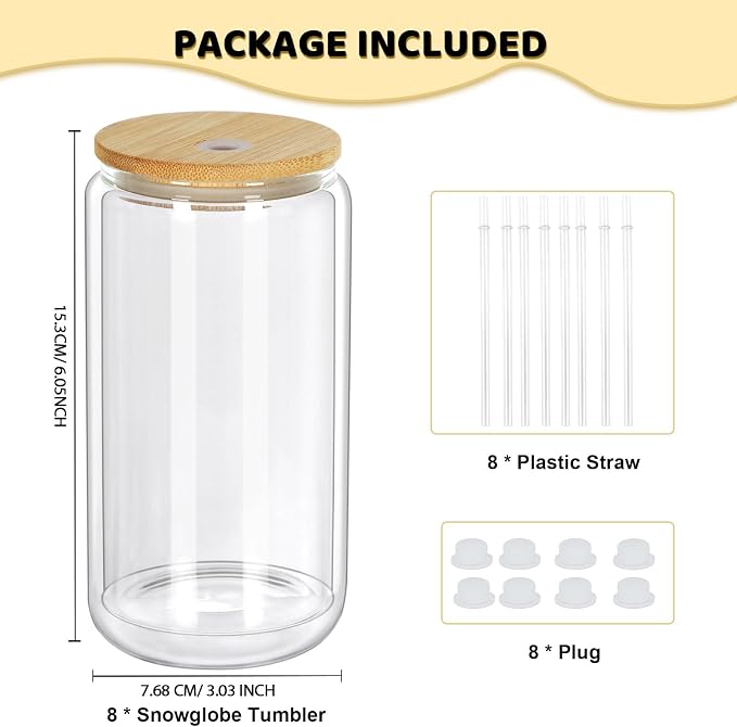 16 Oz Snow Globe Tumbler, 8 Pack Pre-Drilled Sublimation Glass Cup - Image 6