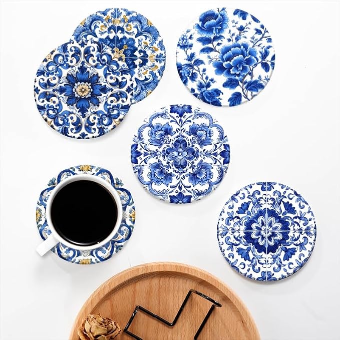 Drink Coasters Set of 6 with Holder Blue and White Porcelain Coasters, Modern - Image 5