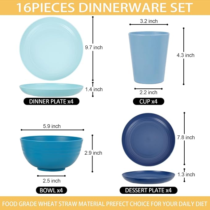 Rubtlamp 16pcs Wheat Straw Dinnerware Set, Unbreakable Plates And Bowls Sets of - Image 2