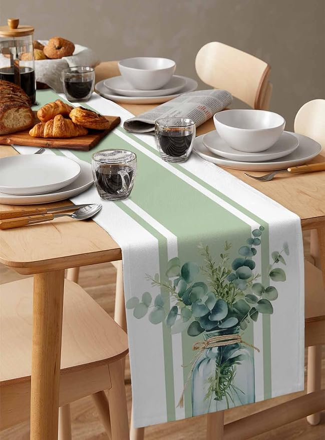 Sage Green Eucalyptus Leaves Table Runners 48 Inches Long, Farmhouse Stripe - Image 3
