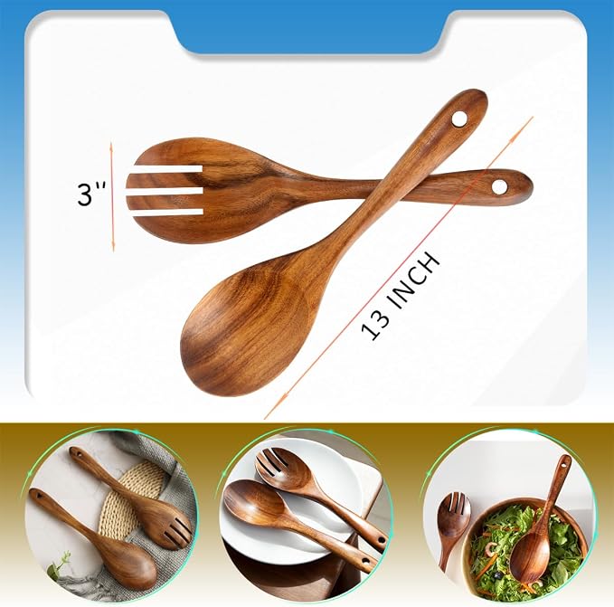13-Inch Teak Wood Salad Serving Spoon Pack of 2, Wood Cooking Spoons, Large - Image 7