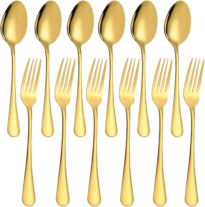 Set of 12, findTop Heavy-duty Forks and Spoons Cutlery Set- Gold by findTop