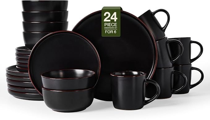 Famiware Mercury 24-Piece Stoneware Plates and Bowls, Matte Black | Dinnerware by Famiware