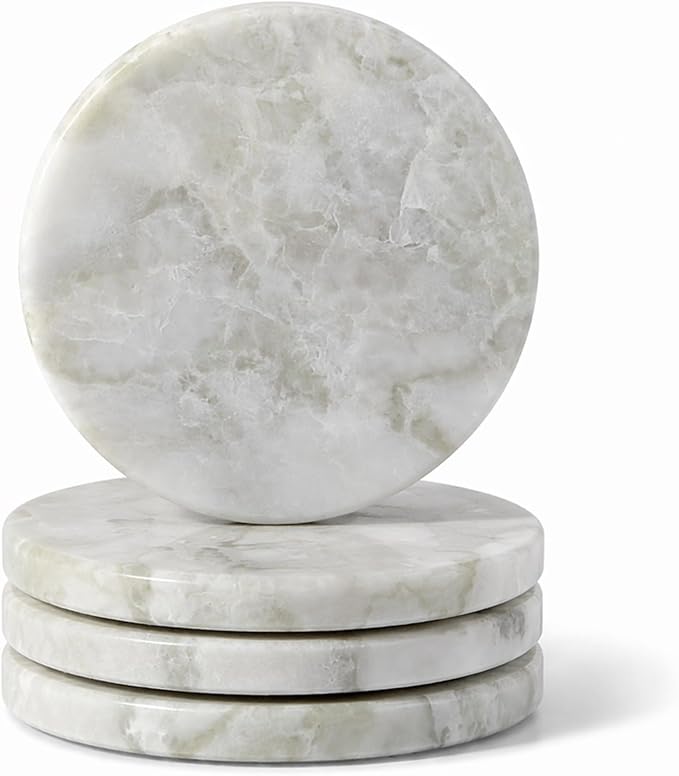 Marble Coaster Set of 4, Round White Coasters, Heat Resistant Coaster by Koville
