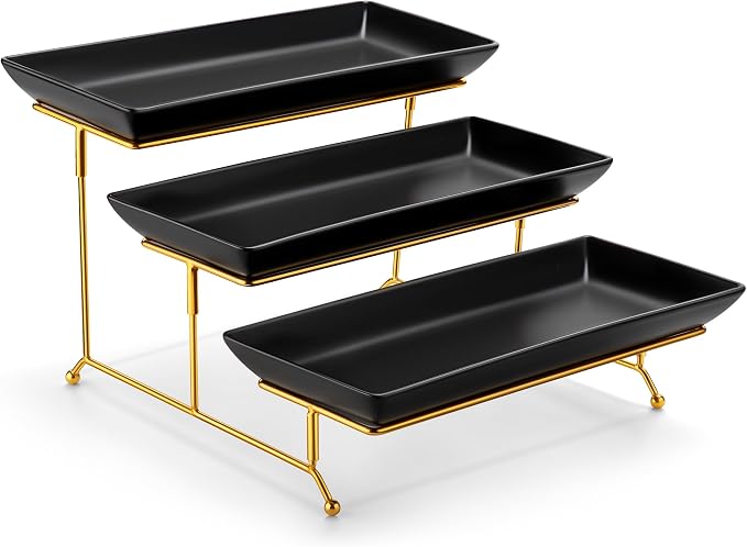 MALACASA 3 Tier Serving Trays for Party, 14 Inch Porcelain Black Trays for by MALACASA