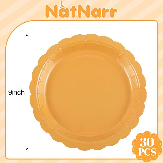 NatNarr 30 Pk Orange Plates 9" Scalloped Fall Thanksgiving Dessert Plates | - Image 2