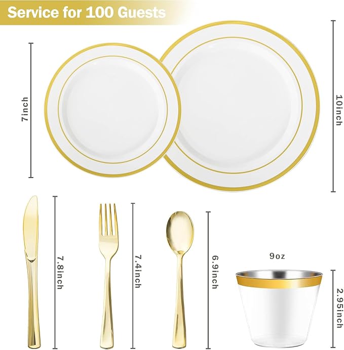 600PCS White and Gold Plastic Plates, Disposable Dinnerware Set | 100 Dinner & - Image 2