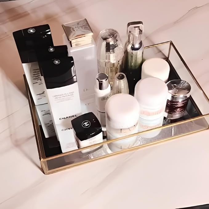 Sooyee Gold Rectangle Mirror Tray, Metal and Glass Fragrance Tray, Can Hold - Image 5