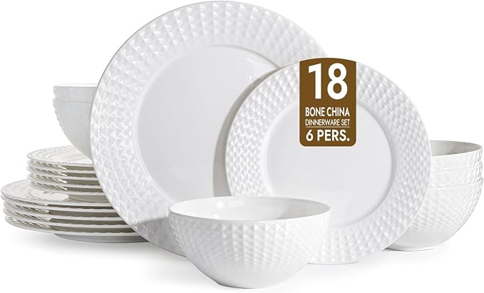 18Pc Rhombus Edge White Bone China Set, Service by KINGSTONE