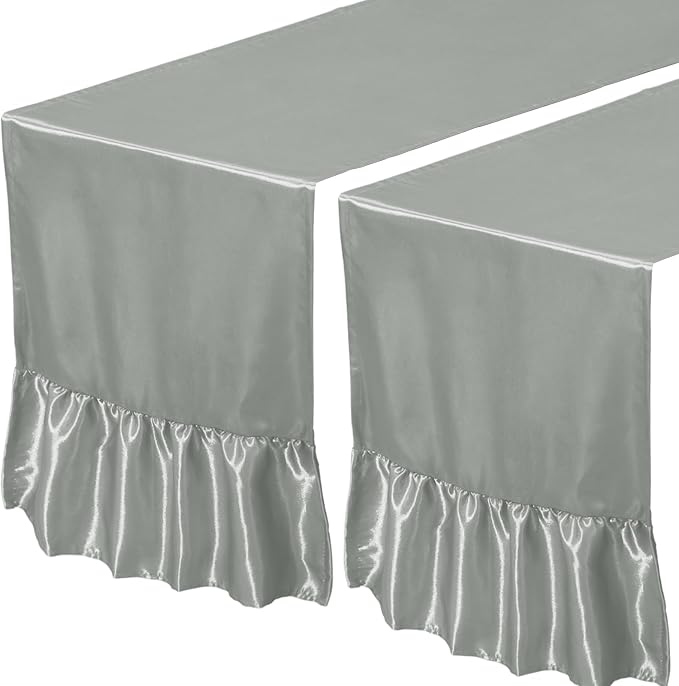 2 Pack Grey Satin Table Runner 12 x 108 Inch | Ruffle Design, Luxurious Dining - Image 7