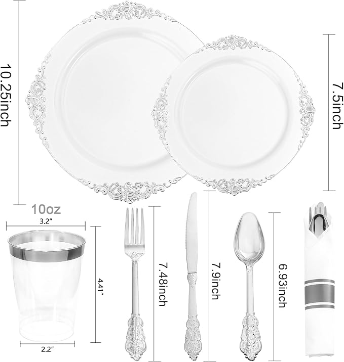 210 Pcs White Silver Plates for Party | White Party Plates Set for 30 Guests - Image 6