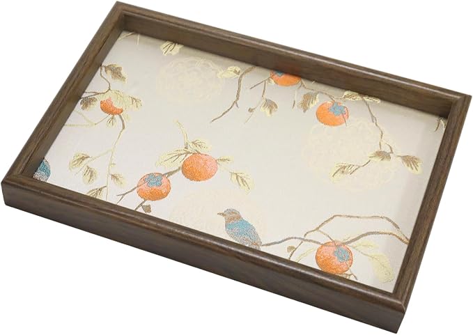 Embroidered Decorative Tray 11.8 inch, Boho Catchall Tray, Persimmon | Wooden by Unknown