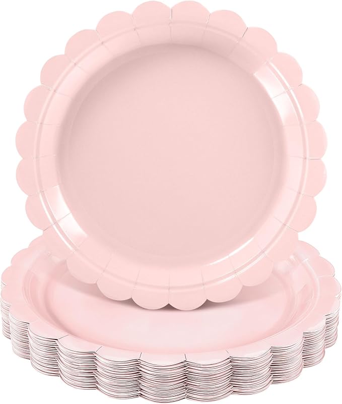 NatNarr 30 Pk Pink Paper Plates 9" Disposable Scalloped Pink Birthday Plate | by NatNarr