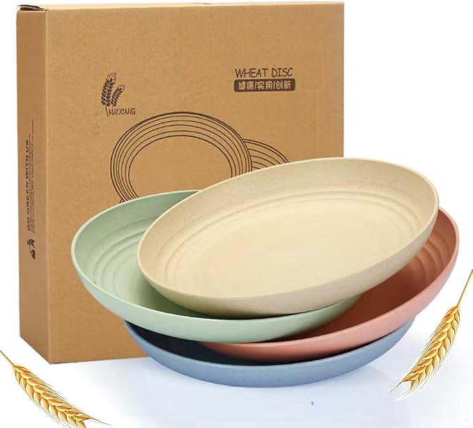 PUPOPIK Unbreakable Wheat Straw Plates, 9 inch, Reusable Set of 4, Dishwasher by PUPOPIK