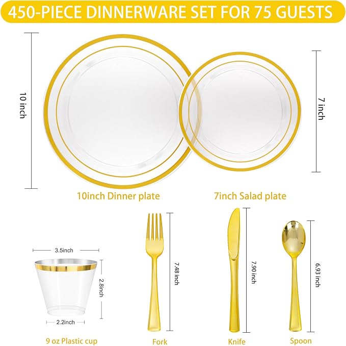 WELLIFE Clear and Gold Plastic Plates, Dinnerware Set - Image 6