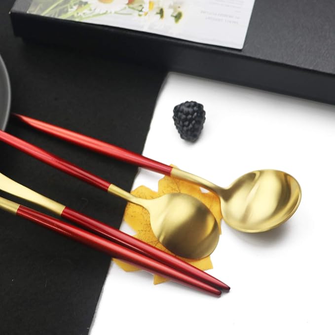 JASHII Luxury 18/10 Red Handle Flatware Gold Silverware Set 304 Stainless Steel - Image 6