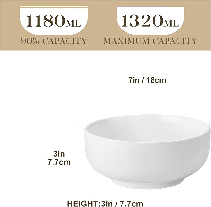 MALACASA Salad Soup Bowls Set of 2, 44 OZ White Ceramic Bowls | Porcelain Bowls - Image 2