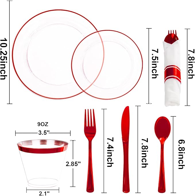 SUT 350 Pcs Red and Clear Plastic Dinnerware Set - Image 3