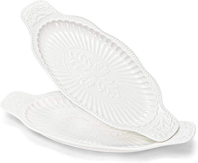 2 Pack Porcelain Oval Serving Platters, 14 Inch Large Embossed White Serving by Suwimut